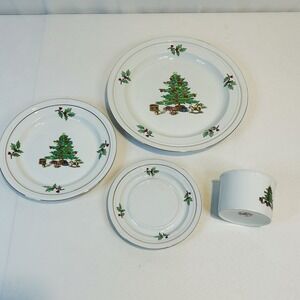 Holiday Hostess Dinner Set 16 Piece Christmas Tree Holly Gold Trim